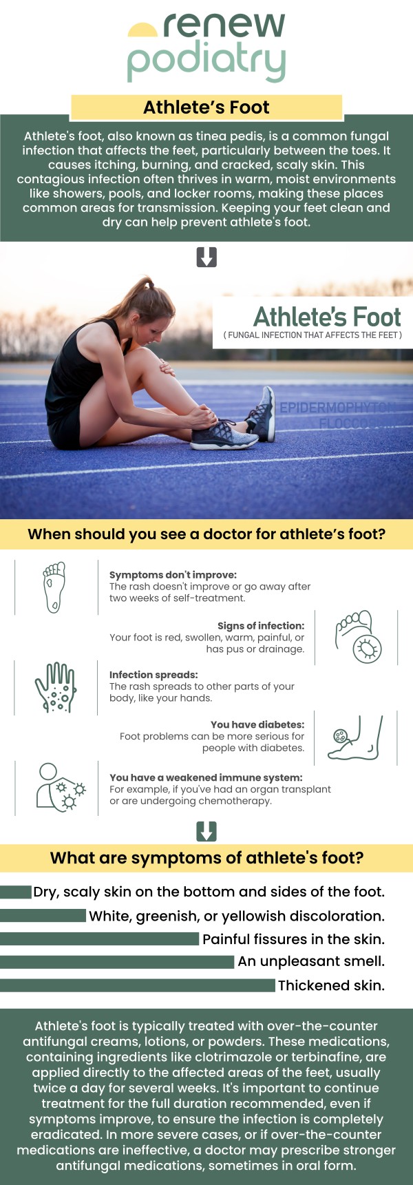 Athlete's foot is a fungus that causes a fungal skin infection between the toes. People who wear tight-fitting shoes and have very sweaty feet are more likely to experience it. Athlete's foot symptoms include an itchy, scaly rash. If you have athlete's foot or are experiencing symptoms, trust our board-certified podiatrist Dr. Charles Baik, DPM, at Renew Podiatry to provide you with a precise evaluation, medical care, and preventative advice. For more information, contact us today or schedule an appointment online. We are conveniently located at 705 West La Veta Ave, Suite 109, Orange, CA 92868.