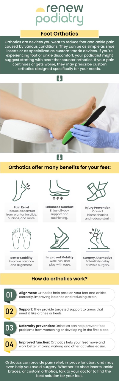 Foot orthoses, commonly called orthotics, are specially designed shoe inserts that provide support and improve foot posture. These custom devices help alleviate foot pain and enhance mobility. Dr. Charles Baik, DPM, at Renew Podiatry, can assist in finding the perfect orthotics to make your walking experience pain-free. Whether you're dealing with conditions like plantar fasciitis, flat feet, or arch pain, custom orthotics can provide long-lasting relief. Trust our expert care to get you back on your feet with confidence and comfort. Contact us today or schedule an appointment online. We are conveniently located at 705 West La Veta Ave, Suite 109, Orange, CA 92868.