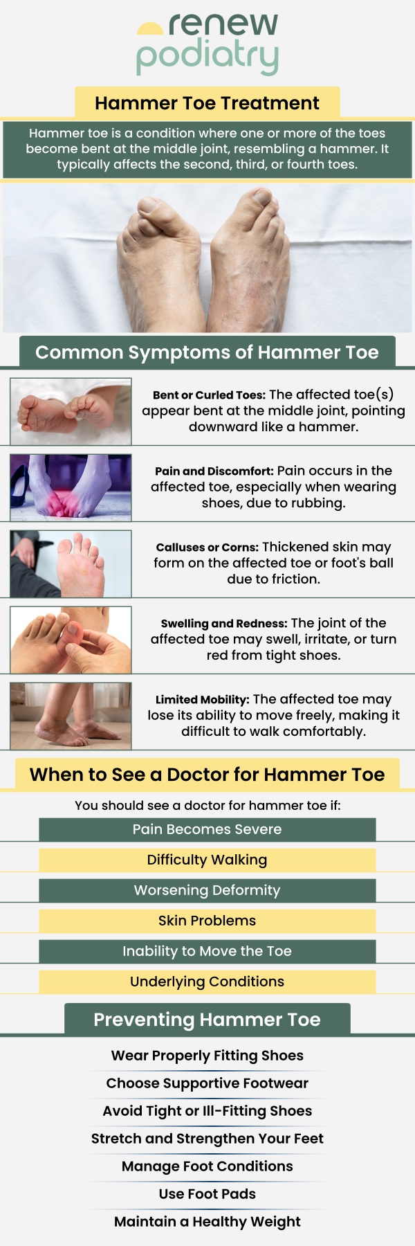 Hammer toe is a painful condition in which the toe stiffens and becomes claw-like gradually, making walking challenging. If the joint in the toe doesn't receive medical attention, it stiffens and becomes immovable. If nonsurgical therapies fail to alleviate your symptoms, your doctor may suggest surgery to improve the condition. At Renew Podiatry, Dr. Charles Baik, DPM offers the appropriate hammertoe deformity treatment to his patients. Contact us or schedule an appointment online! We are conveniently located at 705 West La Veta Ave, Suite 109, Orange, CA 92868.