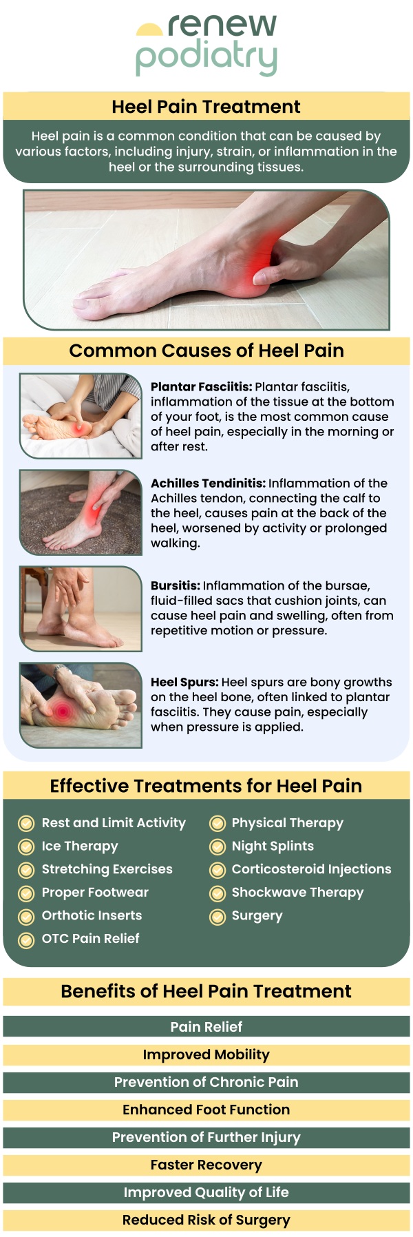 Do you have pain in the bottom of your heel, or pain in the arch of your foot? Heel pain is a common foot condition. An estimated one in 10 people will have at least one episode of heel pain at some point in their life. If heel pain is left untreated can cause a lot of trouble. Visit Renew Podiatry, our experienced podiatrist Dr. Charles Baik DPM can help you treat your heel pain! Simply contact us today or request an appointment online. We are conveniently located at 705 West La Veta Ave, Suite 109, Orange, CA 92868.