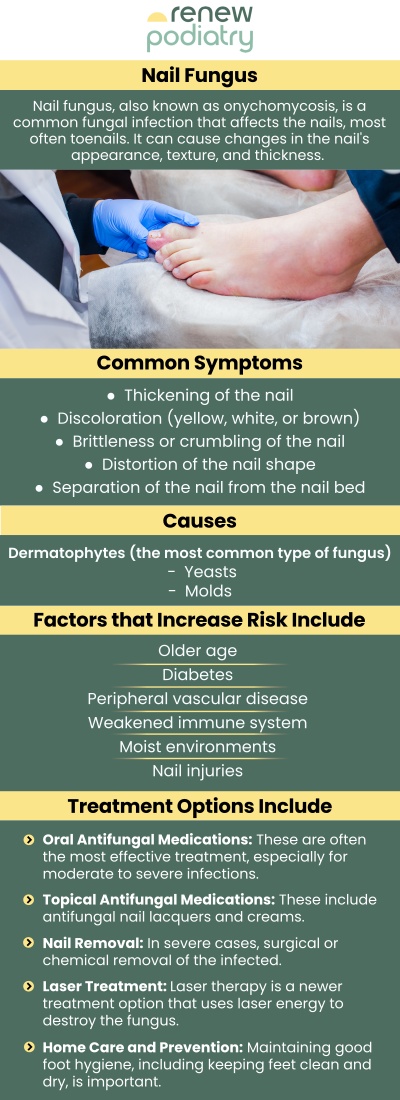 Nail fungus treatment with lasers can work, and it takes several sessions. Dr. Charles Baik, DPM offers a Genesis Laser to treat fungal nails at Renew Podiatry. The Genesis Laser® poses no known risk or harmful side effects of oral anti-fungal medications and is painless, unlike other laser therapies. Contact us today for more information or request an appointment online. Also, check our specials. We are conveniently located at 705 West La Veta Ave, Suite 109, Orange, CA 92868.