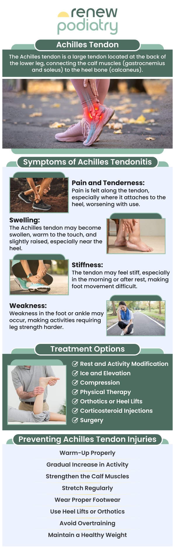 Achilles tendinitis is a condition characterized by pain, stiffness, swelling, and reduced flexibility along the Achilles tendon, often exacerbated by activity. Common symptoms include pain in the morning or after rest, a burning or throbbing sensation, and weakness in the calf muscles. At Renew Podiatry, Dr. Charles Baik, DPM, offers effective treatments tailored to reduce pain, improve mobility, and speed up recovery, ensuring you return to your activities pain-free. For more information, contact us or schedule an appointment online. We are conveniently located at 705 West La Veta Ave, Suite 109, Orange, CA 92868.