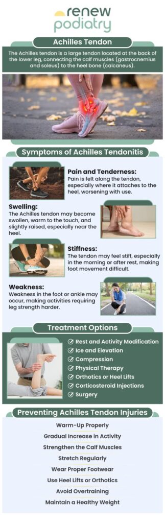 Achilles tendinitis is a condition characterized by pain, stiffness, swelling, and reduced flexibility along the Achilles tendon, often exacerbated by activity. Common symptoms include pain in the morning or after rest, a burning or throbbing sensation, and weakness in the calf muscles. At Renew Podiatry, Dr. Charles Baik, DPM, offers effective treatments tailored to reduce pain, improve mobility, and speed up recovery, ensuring you return to your activities pain-free. For more information, contact us or schedule an appointment online. We are conveniently located at 705 West La Veta Ave, Suite 109, Orange, CA 92868.
